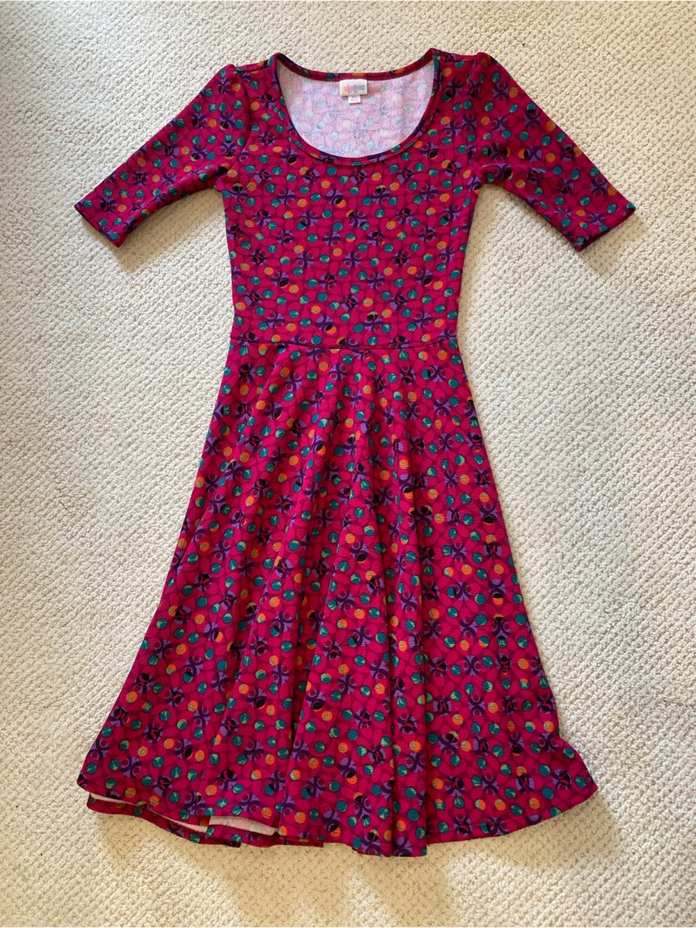 LuLaRoe Nicole Dress XS Pink Multicolor Geometric Fit & Flare 3/4 Sleeve